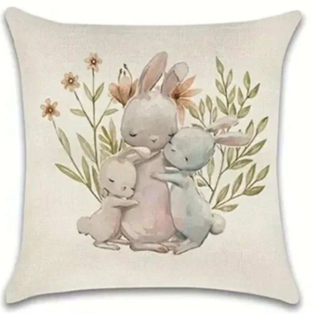 NEW LINEN BLEND EASTER/NURSERY BUNNY RABBITS HOME DECOR PILLOW COVER 17.7"